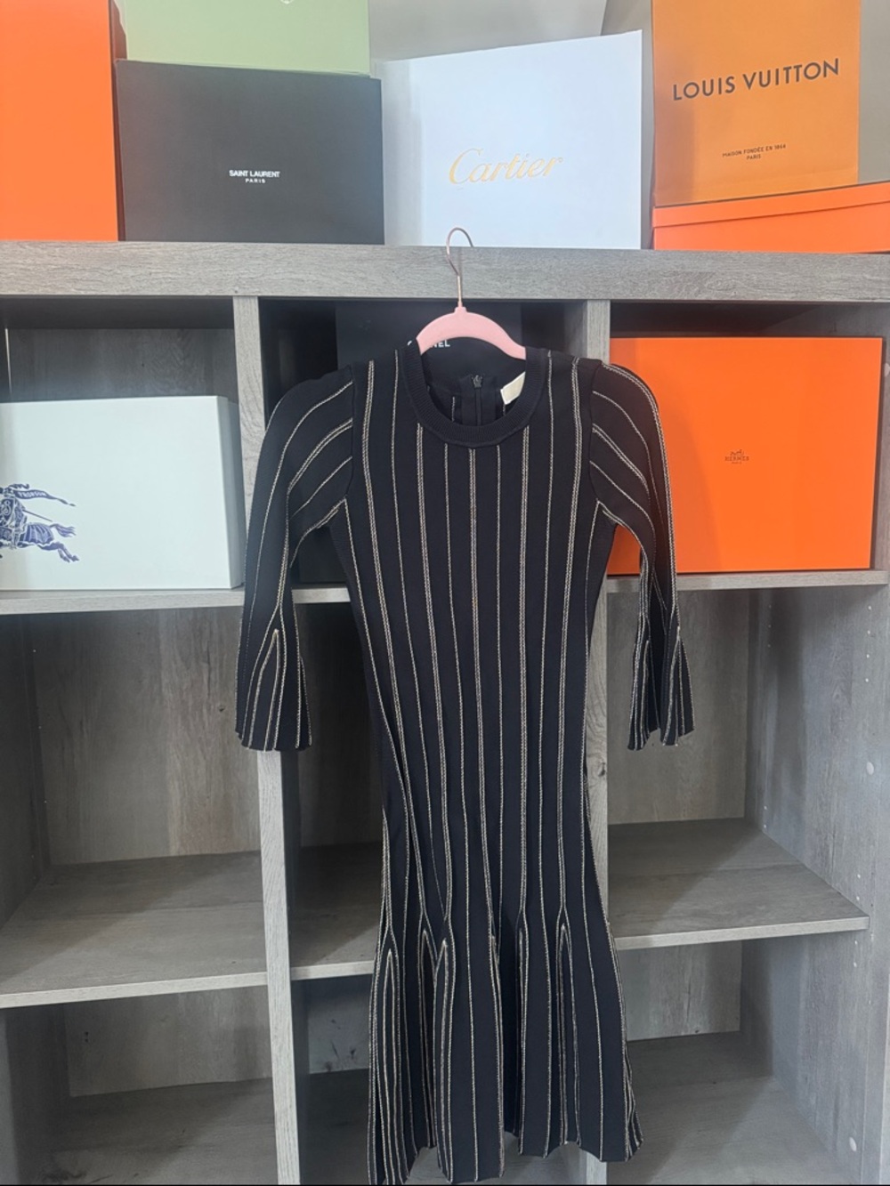 Black Ribbed Knit Midi Dress with Cream Pinstripes Michael Kors
